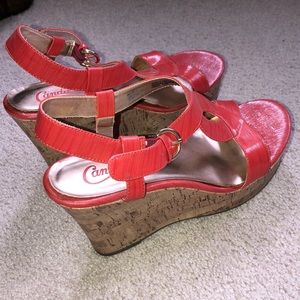 Candie’s Orange Keyhole Cork Wedge high heels
